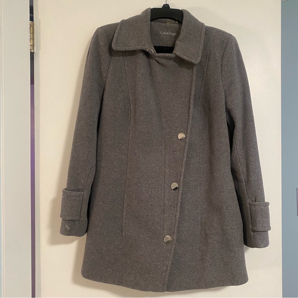 Calvin Klein Womens Gray Pea Coat Double Breasted Jacket Wool Sz 12/L Preppy